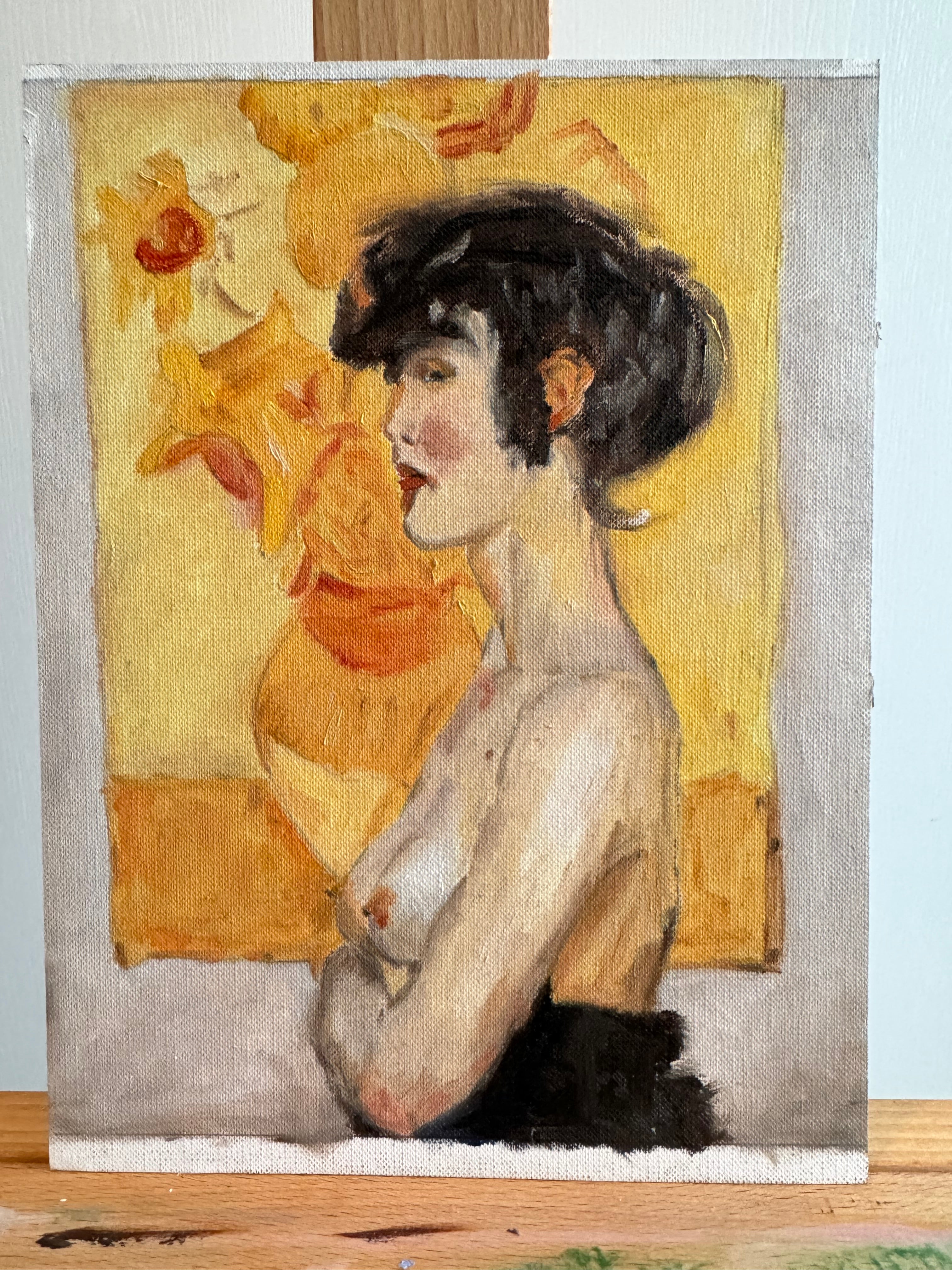 Vrouw in profiel, voor 'Zonnebloemen' van Van Gogh