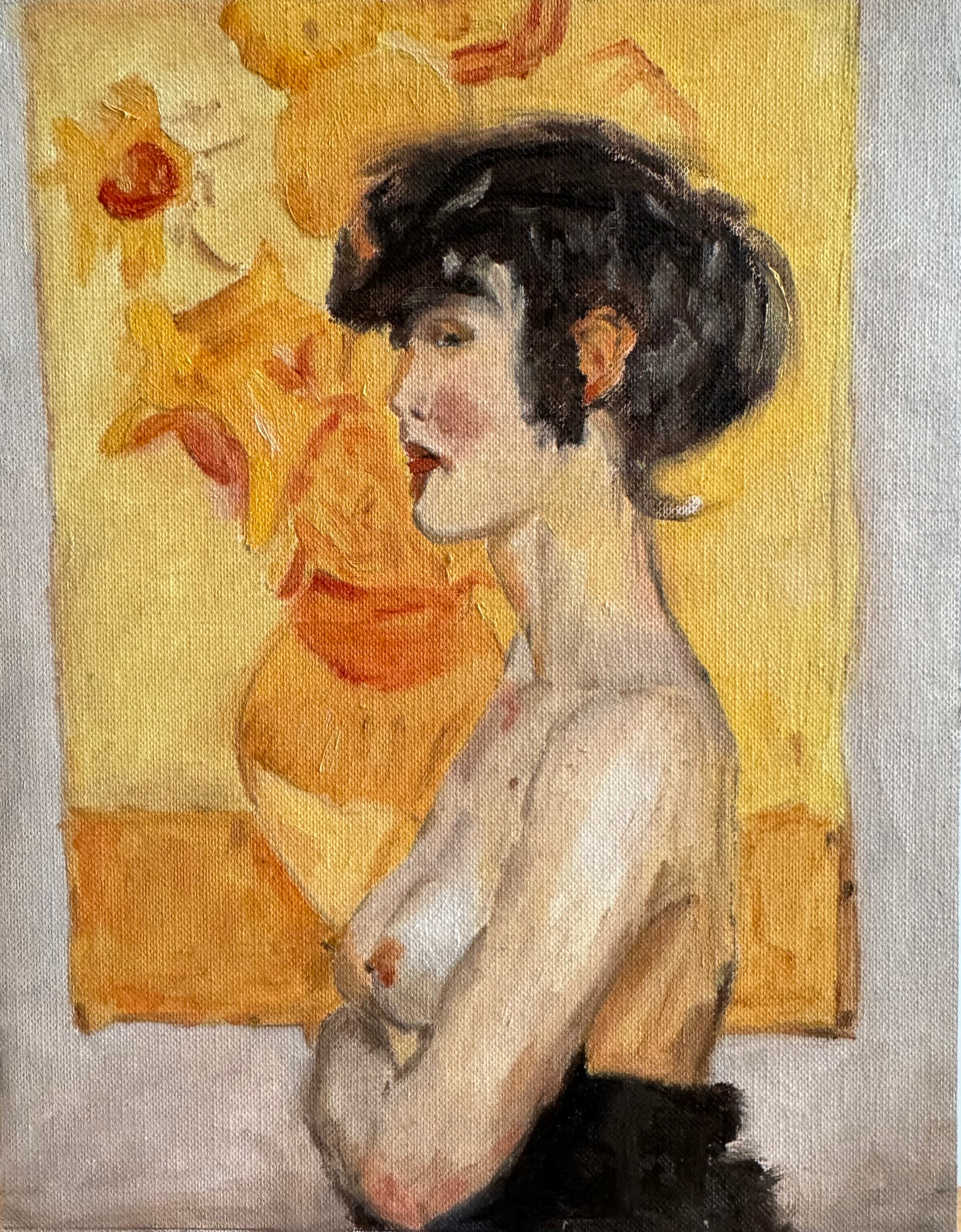Vrouw in profiel, voor 'Zonnebloemen' van Van Gogh
